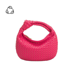 Elegantly designed and soft to the touch, our Woven Leather Fuchsia Top Handle Bag is made of non-toxic and cruelty-free recycled vegan leather. Its small size makes it perfect for all-day wear. The handle is adorned with a knotted detail and the interior features zip and slot pockets.