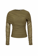 Load image into Gallery viewer, Olive green double-layer mesh long sleeve top featuring diagonal draped ruching, sheer mesh sleeves, a round neckline, and a fitted silhouette on a white background.

