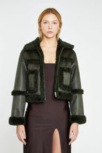 Load image into Gallery viewer, Step into the new season in style with this Dark Green Shearling Trim Jacket. Featuring shearling trim details, patch pockets and a slightly cropped fit, this supper sleek Jacket will be you go to outerwear this autumn through winter! Fully lined, warm and cozy, you cannot go wrong with this look.
