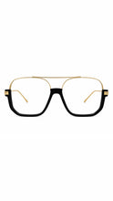 Load image into Gallery viewer, Black and gold oversized aviator glasses featuring geometric square frames, lightweight metal accents, and a modern statement eyewear design.
