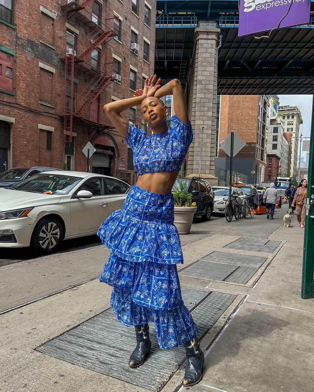 Blue Floral Tiered Maxi Skirt