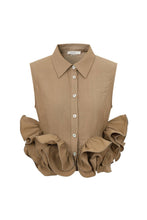 Load image into Gallery viewer, Beige sleeveless button-up blouse with dramatic oversized side ruffles, structured collar, and tailored silhouette displayed on a white background.
