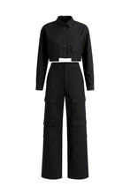 Load image into Gallery viewer, Structured black cropped cargo jacket with stretch and utility pockets. A polished, fashion-forward layer. Matching cargo pants sold separately.

