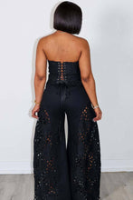 Load image into Gallery viewer, Black lace strapless top and matching pant  worn by a model against a white background
