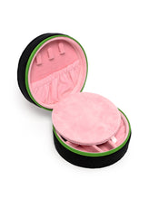 Load image into Gallery viewer, Open black velvet round jewelry organizer with soft pink interior, built-in mirror, ring slots and divided compartments.
