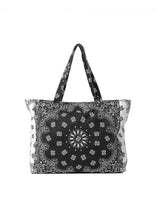 Load image into Gallery viewer, Black and white bandana print oversized tote bag featuring a bold paisley pattern, spacious interior, and double shoulder straps for everyday use.

