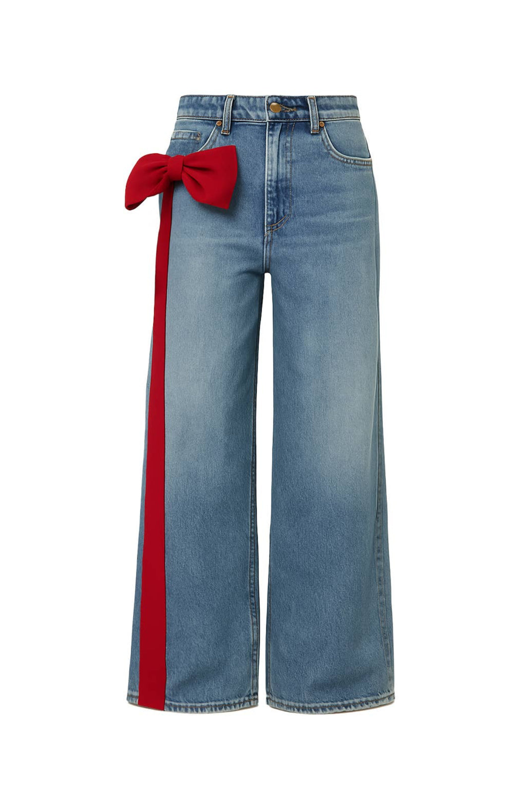 Glam Expressway Blue jeans with a red bow on a white background