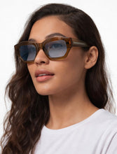 Load image into Gallery viewer, Oversized geometric brown sunglasses with translucent frame and lightly tinted lenses.
