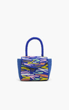 Load image into Gallery viewer, Blue handbag with colorful pattern on a white background
