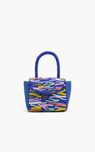 Blue handbag with colorful pattern on a white background