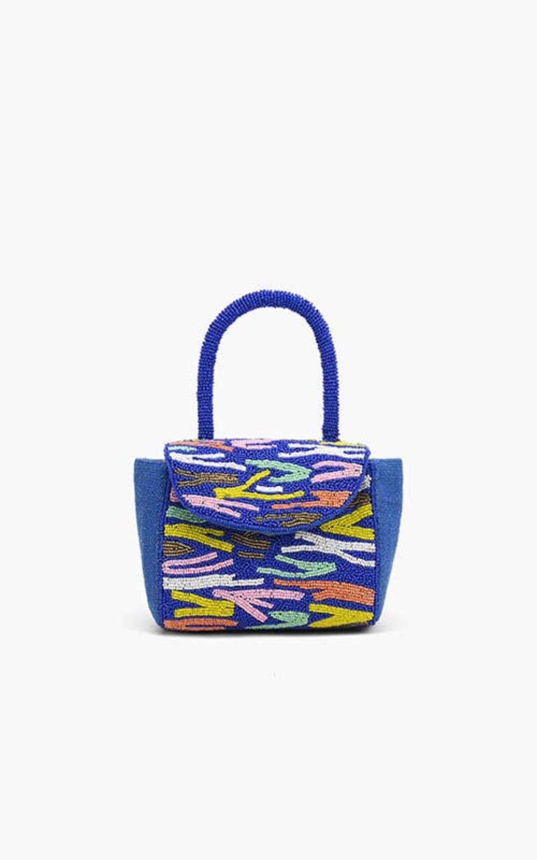 Blue handbag with colorful pattern on a white background