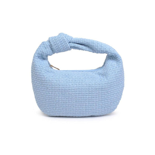 Light blue woven bag on a white background