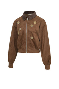 Brown suede jacket with embroidered details on a white background