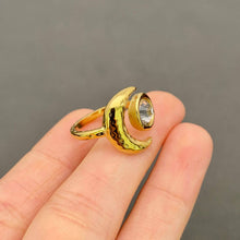 Load image into Gallery viewer, 18K gold-plated stainless steel ring featuring a sculptural crescent moon and large round clear zircon stone.

