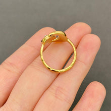 Load image into Gallery viewer, 18K gold-plated stainless steel ring featuring a sculptural crescent moon and large round clear zircon stone.
