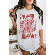 Load image into Gallery viewer, Woman wearing a white t-shirt with a graphic design of a queen of hearts playing card.
