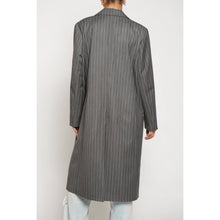 Load image into Gallery viewer, Person wearing a gray pinstripe coat on a white background
