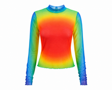 Load image into Gallery viewer, Turn heads in the Prism Heat Mesh Top. A vibrant rainbow mesh top with a flattering mock neck and stretch fit that's perfect for layering all year long.
