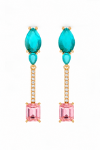 Load image into Gallery viewer, A pair of gold drop earrings featuring a rectangular pink gemstone at the top, a vertical channel-set row of small clear stones in the middle, and a teardrop-shaped turquoise gemstone hanging below.
