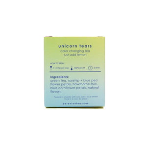 Box of unicorn tears color-changing tea with brewing instructions and ingredients on a white background
