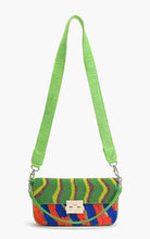 Load image into Gallery viewer, Colorful woven handbag with a green strap on a white background
