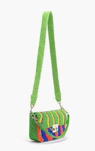 Colorful striped handbag with a green strap on a white background