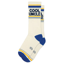 Load image into Gallery viewer, Cream crew socks with blue heel and toe featuring “Cool Uncle” text and striped accents.
