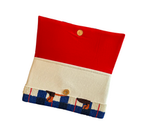 Load image into Gallery viewer, Handmade dachshund beaded clutch bag with blue checkered background and detachable crossbody chain strap
