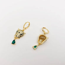 Load image into Gallery viewer, Gold-plated leopard head huggie earrings with crystal details, green eyes and dangling emerald-green teardrop cubic zirconia stones.

