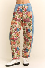 Load image into Gallery viewer, Floral tapestry panel straight-leg denim pants with vintage botanical pattern and contrast blue denim side panels.
