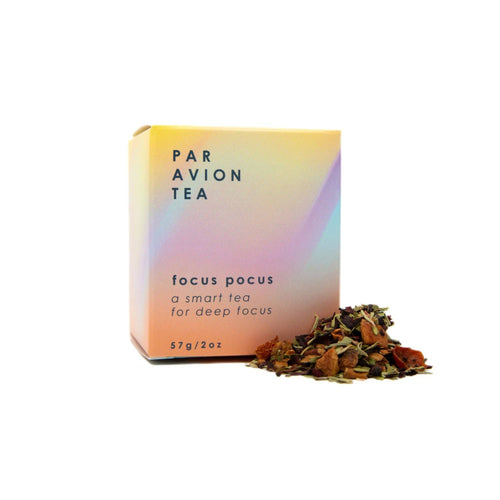 Par Avion Tea 'focus pocus' packaging with loose tea leaves on a white background