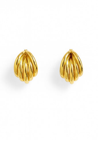 Gold sculpted petal-shaped stud earrings with a domed, ridged design displayed on a white background available at Glam Expressway.