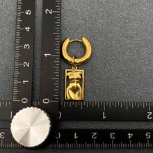 Load image into Gallery viewer, 18K gold-plated stainless steel huggie earrings with rectangular sculptural female body charms and a high-polish finish.

