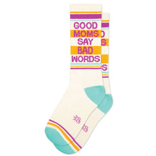 Load image into Gallery viewer, Cream crew socks with teal heel and toe featuring “Good Moms Say Bad Words” text and colorful stripe accents.
