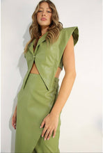 Load image into Gallery viewer, Woman wearing a green leather Glam Expressway outfit against a white background
