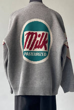 Load image into Gallery viewer, Back view of grey milk varsity cardigan with large graphic knit design
