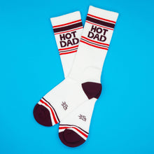 Load image into Gallery viewer, White socks with 'Hot Dad' text on a blue background
