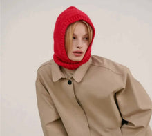 Load image into Gallery viewer, Wrap yourself in warmth and style with our Cherry Red Hood Hat! This cozy knitted balaclava is as versatile as it is chic. Wear it as a snug hat to keep the chill at bay or pull it down as a scarf for an effortlessly stylish look. The vibrant cherry red adds a bold pop of color to any outfit, while the soft knit ensures comfort all day long. Perfect for braving the cold or making a fashion statement, this hood hat is a must-have accessory for the season!
