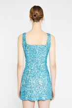 Load image into Gallery viewer, Our glamorous Aqua Blue Sequin Mini Dress adds the perfect pop of color to your event. This statement dress is sophisticated, gorgeous and well made. Fully lined, sleeveless with a zipper closure in the back and some stretch in the fabric. Wear our Aqua Blue Sequin Mini Dress with heels or boots whenever you want to shine.
