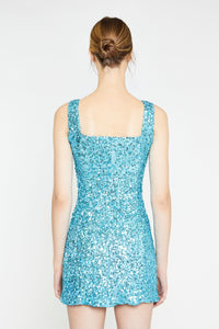 Our glamorous Aqua Blue Sequin Mini Dress adds the perfect pop of color to your event. This statement dress is sophisticated, gorgeous and well made. Fully lined, sleeveless with a zipper closure in the back and some stretch in the fabric. Wear our Aqua Blue Sequin Mini Dress with heels or boots whenever you want to shine.