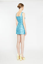 Load image into Gallery viewer, Our glamorous Aqua Blue Sequin Mini Dress adds the perfect pop of color to your event. This statement dress is sophisticated, gorgeous and well made. Fully lined, sleeveless with a zipper closure in the back and some stretch in the fabric. Wear our Aqua Blue Sequin Mini Dress with heels or boots whenever you want to shine.
