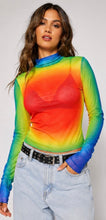 Load image into Gallery viewer, Turn heads in the Prism Heat Mesh Top. A vibrant rainbow mesh top with a flattering mock neck and stretch fit that's perfect for layering all year long.
