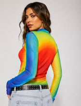 Load image into Gallery viewer, Turn heads in the Prism Heat Mesh Top. A vibrant rainbow mesh top with a flattering mock neck and stretch fit that's perfect for layering all year long.
