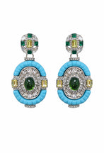 Load image into Gallery viewer, Turquoise statement drop earrings with crystal and emerald jewel accents from Glam Expressway boutique.

