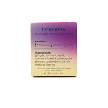 Load image into Gallery viewer, Box of &#39;inner glow&#39; skintastic tea with a gradient purple to pink design on a white background.
