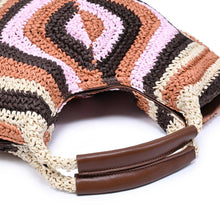 Load image into Gallery viewer, Crocheted bag with geometric pattern and brown leather accents on a white background
