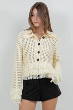 Load image into Gallery viewer, Lemon yellow fringe knit cotton cardigan sweater with button front, open knit texture, and fringe trim at hem and cuffs worn with black shorts.
