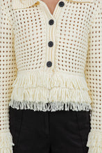 Load image into Gallery viewer, Lemon yellow fringe knit cotton cardigan sweater with button front, open knit texture, and fringe trim at hem and cuffs worn with black shorts.
