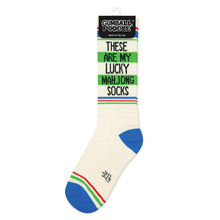 Load image into Gallery viewer, Pair of cream Lucky Mahjong gym crew socks featuring “These Are My Lucky Mahjong Socks” lettering, green, red and blue athletic stripes, and contrasting bright blue heels and toes on a white background.

