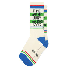 Load image into Gallery viewer, Pair of cream Lucky Mahjong gym crew socks featuring “These Are My Lucky Mahjong Socks” lettering, green, red and blue athletic stripes, and contrasting bright blue heels and toes on a white background.
